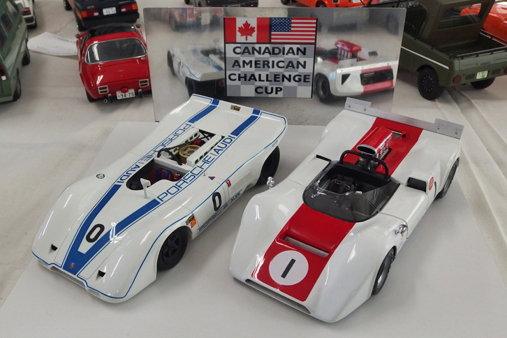 ヒストリックレーシングカーが製作対象で、それも大半はスクラッチビルドしているモデラー氏の作品。今回の出展は2台のカンナムマシンで、左側は1968年シーズンを戦った「ポルシェ917PA」（PAはボディーに描かれている、北米で同じインポーターが扱っていたポルシェ／アウディの略）、右側は1968年の日本カンナムで2位に入った「ローラT160」。ポルシェは仏エレールの1/24「ポルシェ917」をベースにしているが、ローラはタイヤを除きフルスクラッチである。