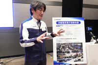 「SDVライト」の特徴を説明する四輪電気電子技術本部の寸田剛司本部長。電子プラットフォームについては、サイバーセキュリティーのためのボディー系コントローラーやセントラルゲートウェイ、自動機急ブレーキ、通信モジュールなど、車両に標準で装備されるものについてはECUを統合。マルチメディアシステムはマーケットごとに用意されるオプション品なので、そちらは統合しないとのことだった。