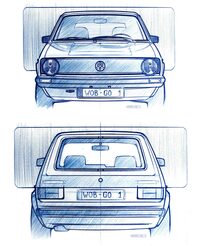 初代「フォルクスワーゲン・ゴルフ」のデザインスケッチ。それまでの潮流とは一線を画す、カクカクとしたデザインが特徴的だったが、ボディーを絞ってタイヤを張り出させた、スポーティーなスタイルの持ち主でもあった。