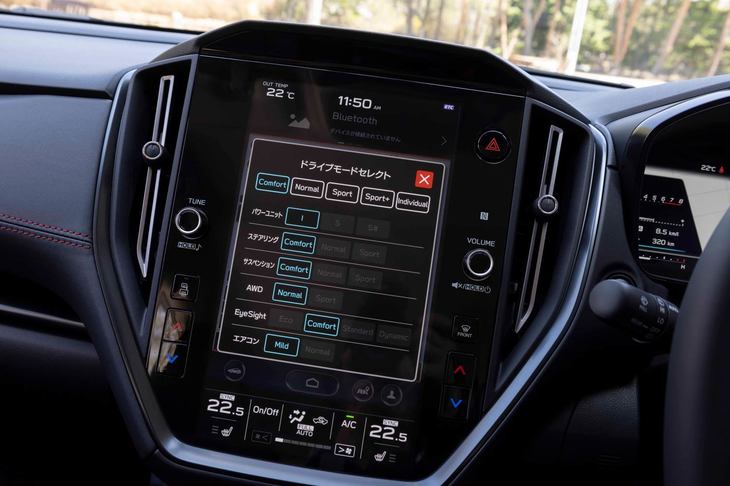 「STI Sport R」のドライブモード設定画面。エンジン、ステアリング、足まわりなどの特性が異なる4モードのほか個人設定（インディビジュアル）が選べる。