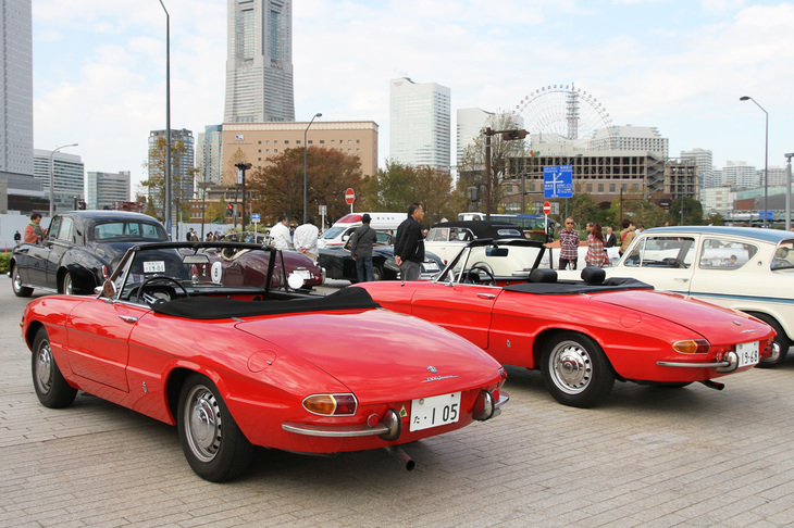 2台並んだ「アルファ・ロメオ・スパイダー1300ジュニア」。ボートテールと呼ばれる優美な後ろ姿を持つ初代「ジュリア」ベースのスパイダーの初期型。2台ともキャップ付きのスチールホイールをはじめ、本来の姿を保っている。