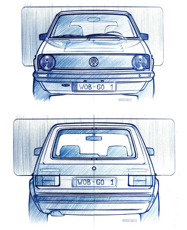初代「フォルクスワーゲン・ゴルフ」のデザインスケッチ。それまでの潮流とは一線を画す、カクカクとしたデザインが特徴的だったが、ボディーを絞ってタイヤを張り出させた、スポーティーなスタイルの持ち主でもあった。