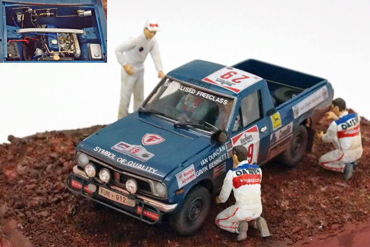 ハセガワの1/24「日産サニートラック」をベースにしたサファリラリー仕様。1983年のサファリで9位に入ったマシンを再現したもので、ロングボディーを切り詰めて標準ボディーとし、車高を上げてラリー仕様に仕立て上げた。本来は可動部分のないプロポーションキットだが、開けられたボンネットの下におさまる、ソレックスキャブなどでチューンされたA12型エンジンや補機類の表現も見事だ。