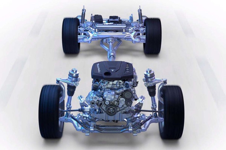 「レヴァンテ ハイブリッド」のベアシャシー（イメージ）。パワーユニットは、2リッター直4 SOHCのガソリンターボエンジン。ベルトスタータージェネレーターが組み合わされる。