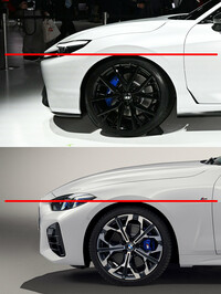 「ホンダ・プレリュード コンセプト」と「BMW 4シリーズ」の、ヘッドランプの位置の比較。同じアングルや距離で撮った写真・画像ではないので参考程度ではあるが、プレリュードのほうが、ランプが全体的に上のほうについていることがわかる。