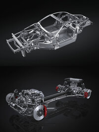 「GR GT」の総アルミ製のボディー骨格（上）と、エンジンとドライブトレイン、足まわり（下）。一台のクルマのために、これらすべてを専用に仕立てられるあたり、さすがはトヨタだ。