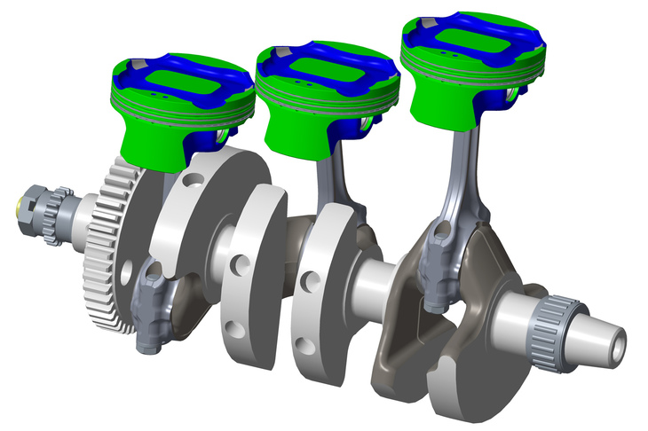 新エンジンに使用される「Tプレーン」と呼ばれるクランクシャフトとピストンの3D図面。不等間隔爆発の採用も、このエンジンの特徴である。