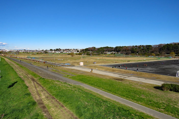 かつて多摩川スピードウェイが存在した河川敷の様子。同施設は野球場に改装され、一時は東急フライヤーズの2軍グラウンドとしても利用された。