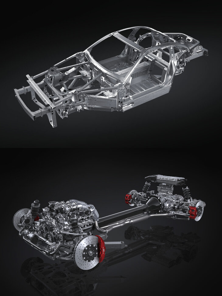 「GR GT」の総アルミ製のボディー骨格（上）と、エンジンとドライブトレイン、足まわり（下）。一台のクルマのために、これらすべてを専用に仕立てられるあたり、さすがはトヨタだ。