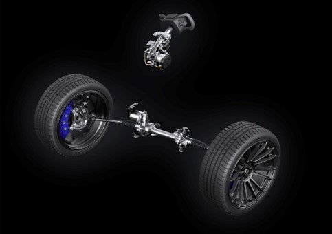 「RZ550e“Fスポーツ”」に搭載されるステアバイワイヤシステムのイメージ。御覧のとおりステアリングシャフトが省略されている。