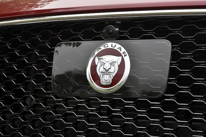 フロントグリル内のジャガーエンブレム。背後にレーダーユニットが搭載されている。