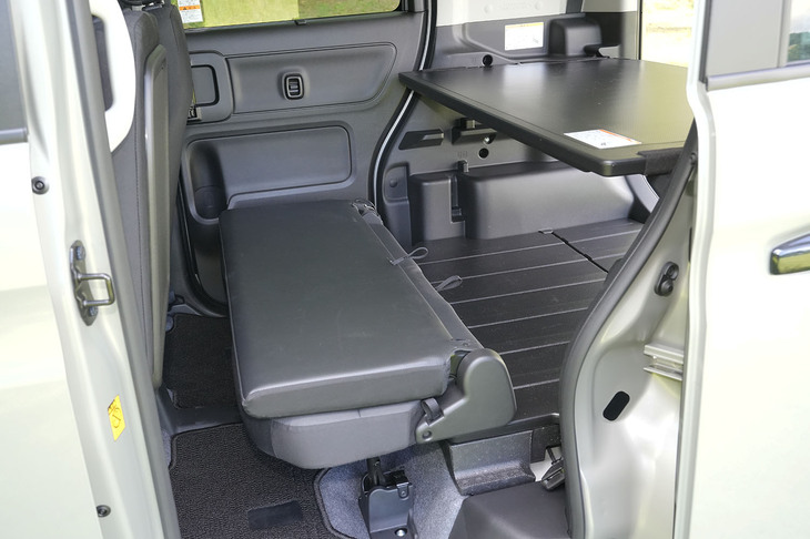 ボードが430mmのときに後席をベンチ状態にするとデスク＆チェアのように使える。外部電源を引き込むアクセサリーが用意されているので、テレワークのスペースにというのがスズキの提案。