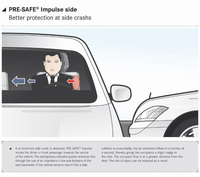 「PRE-SAFE Impulse side」の作動イメージ。横方向からの衝突前にエアチャンバー（写真の赤い部分）を膨らませることで、衝突後の安全性を一段と高める。