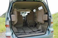 開口部は約110cm、高さも十分あるとはいえ、サードシートを一番後ろまで下げると、荷室の奥行きは30cm強。セカンドシートまでなら74cmあり、かなり余裕がある。
	 