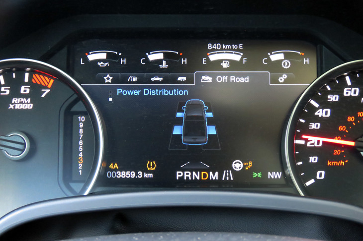 「ラプター」の4WDは前後軸間で駆動力の可変制御が可能。駆動力の配分状況は、メーター内のインフォメーションディスプレイで常時確認できる。