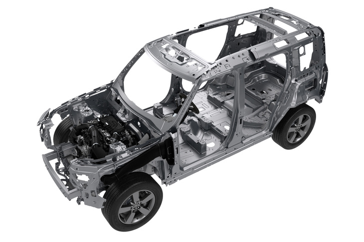新開発の「D7x」プラットフォームが用いられた新型「ディフェンダー」。ボディーはアルミモノコックで、足まわりは四輪独立懸架となっている。