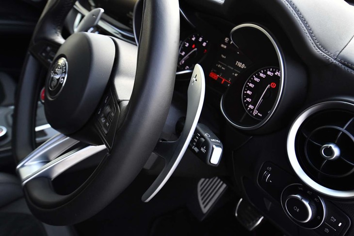 ステアリングホイールの奥には、アルミニウム製のシフトパドルが装着される。パドルはステアリングコラム固定式。