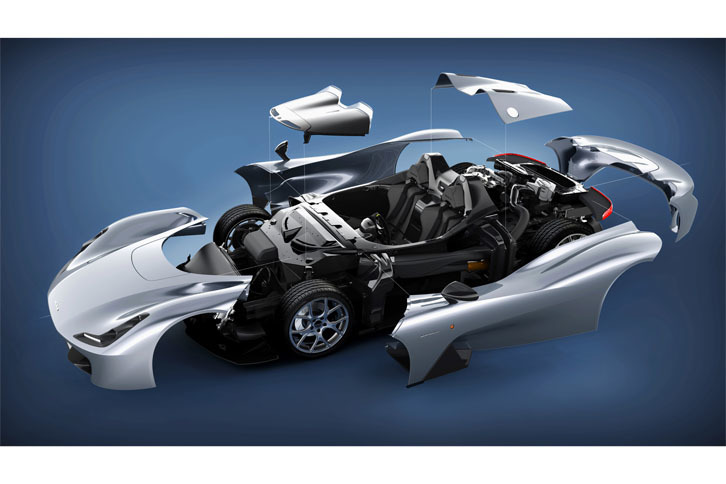 カーボンシャシーのおかげで、ボディーパネルなしの状態でも走行可能である。それゆえバルケッタからクーペまでユーザーが好みで選べ、脱着も可能というアイデアも実現した。