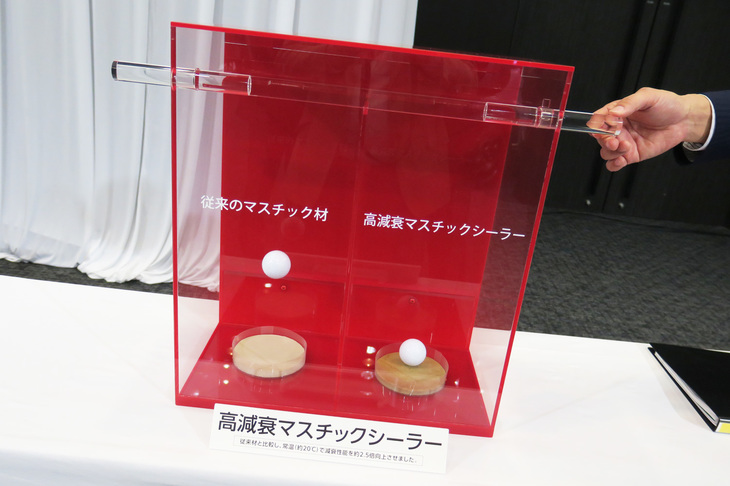 高減衰マスチックシーラーとは、その名の通り減衰性の高い弾性シーリング剤のこと。従来のマスチック剤との違いはご覧の通り、同じ高さから落としたボールの弾み具合に、減衰性の高さが表れている。新型「ハスラー」では、この新しいマスチック剤の採用により、車内の静粛性、車体の制振性を高めているのだ。