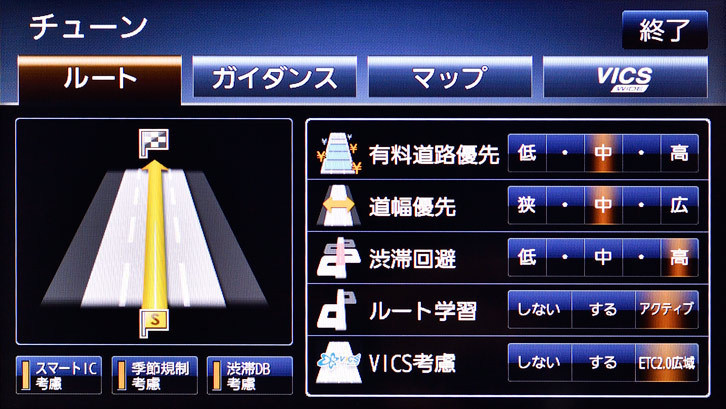 有料道路の優先度合いなどを微調整して好みに近いルートにカスタマイズできる。