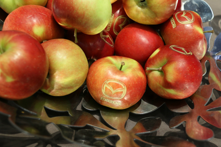 マツダのブースで見つけた、ロゴマークが入れられたリンゴ。普段からリンゴ好きなドイツ人を中心に、プレスデーのおやつとして意外に好評だった。