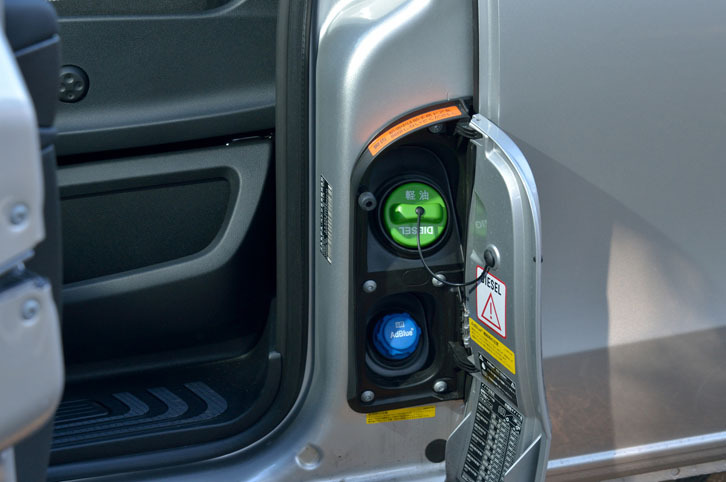 給油口（写真で緑色のキャップ）は、助手席ドアと助手席側スライドドアの間に設けられている。下方に見える青いキャップは、尿素水溶液「アドブルー」を補充するためのもの。SCR触媒コンバーターと併用することで、排ガス中の窒素酸化物（NOx）を低減する。