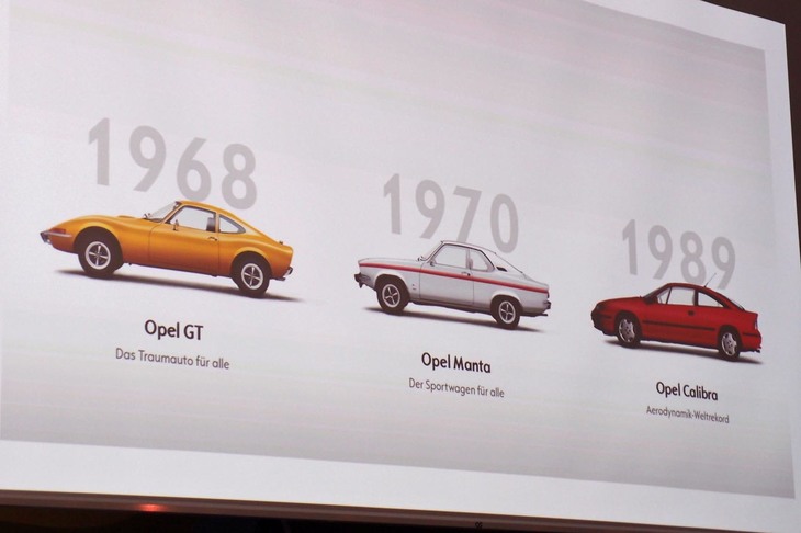 オペルが過去に販売した個性派クーペ。写真は記者会見におけるスライド資料で、左から「オペルGT」「オペル・マンタ」「オペル・カリブラ」の3モデル。