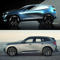 新型「BMW X3」のデザインスケッチ（上）と実車（下）。最近では、BMWもリフレクションに動きをつけることを意識するようになったようだが……実車はご覧のとおり。プロポーションとの関係性があいまいで、「マツダCX-30」などと比べると、「そこだけイジりました」といった感じで、説得力が弱い。