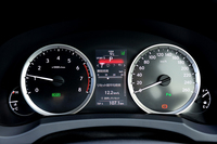 右がスピードメーター、左はハイブリッドシステムインジケーターとタコメーターを切り替えることができる（写真はタコメーター表示）。