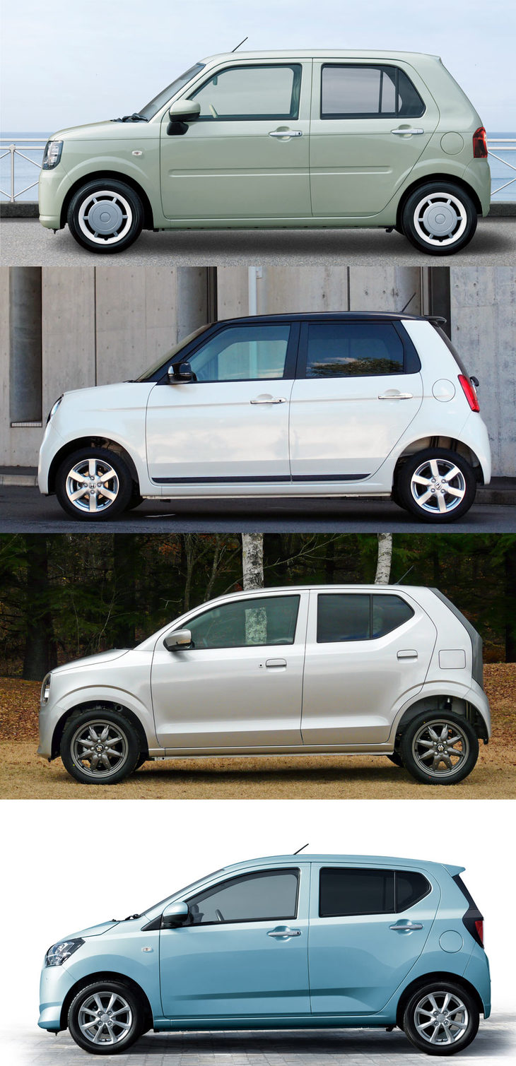 主要な2ボックス型軽乗用車を“力が抜けたデザイン”→“頑張っている系のデザイン”の順で上から並べたもの。順に、「ダイハツ・ミラ トコット」「ホンダN-ONE」「スズキ・アルト」「ダイハツ・ミラ イース」。
	明照寺：「『エフォートレス』をうたうなら、『ホンダN-ONE』あたりが一番いいと思うのですが」