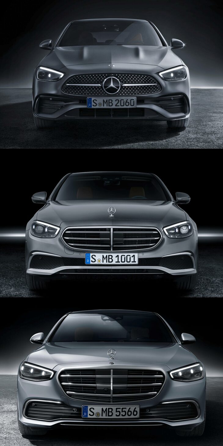 上から順に、「Cクラス」「Eクラス」（先代）、そして「Sクラス」のフロントマスク。