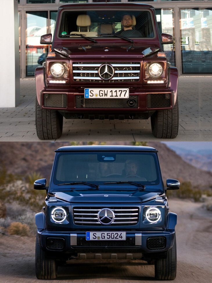 先代（上、2015年）と現行（下、2024年）の「Gクラス」の比較。四角張ったスクエアなデザインは共通だが、現行型のほうがやや角が取れ、モダンで乗用車的なイメージとなっている。