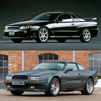 R34型「日産スカイライン」（上）と「アストンマーティン・ヴィラージュ」（下）。　
	ほった「これは似てる！」　
	清水「天下のアストンも、令和の時代にスカイラインと比較されるなんて思いもよらなかっただろうねぇ」