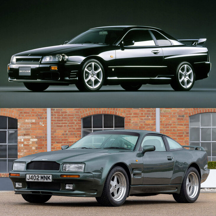 R34型「日産スカイライン」（上）と「アストンマーティン・ヴィラージュ」（下）。　
	ほった「これは似てる！」　
	清水「天下のアストンも、令和の時代にスカイラインと比較されるなんて思いもよらなかっただろうねぇ」