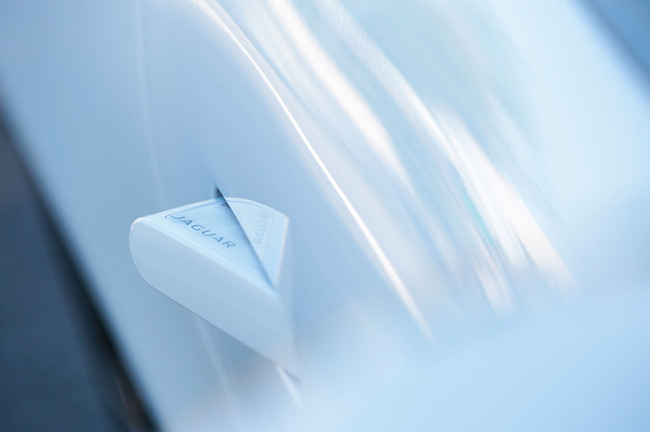 ドアパネル収納式のドアハンドル。走行時、空気抵抗の低減に寄与する。写真は展開時の様子。