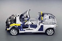 コペンのボディ骨格は、高剛性と軽量化を両立する補強がなされた。特に剛性が必要なセンタートンネル部は、厚板化した3分割構造としたのに加え、ボディ下部をクロス状に走るダブルクロスビームなど、5種類のブレースで補強した。アッパーボディには、ボンネットなどにアルミ材を使用し、軽量化を図った。