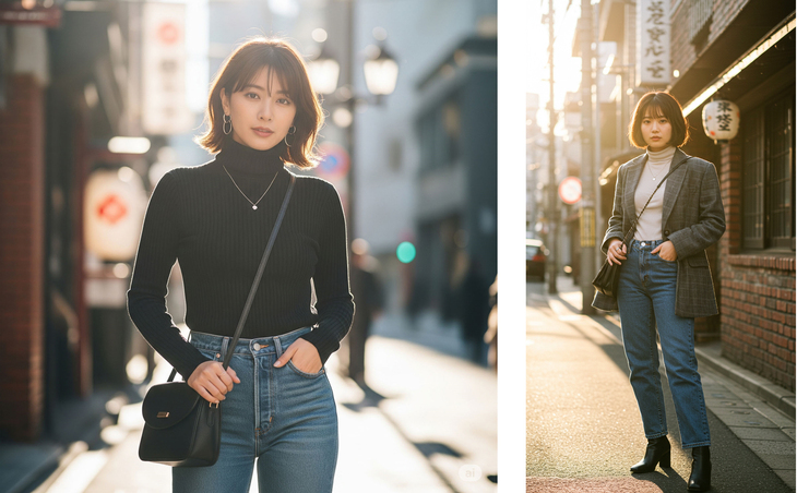 オシャレ写真の定番（!?）、夕日の逆光カットを模してみました。2人が着ている服がダサいのは、全面的に生成主の責任です。