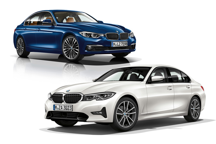 新型（右下）と先代（左上）の「3シリーズ」。