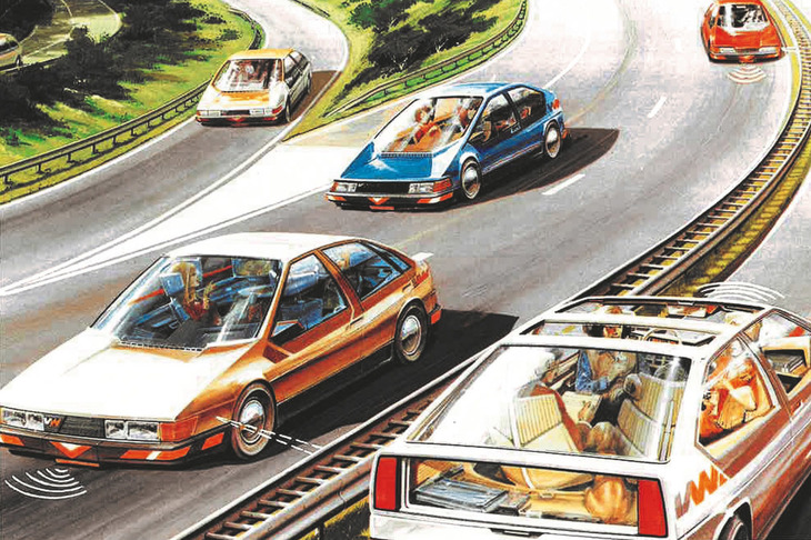 1970年代に描かれた未来のモビリティー。当時は、大きな部屋の壁ほどもあったコンピューターが、交通システムを大きく変えると考えられていた。