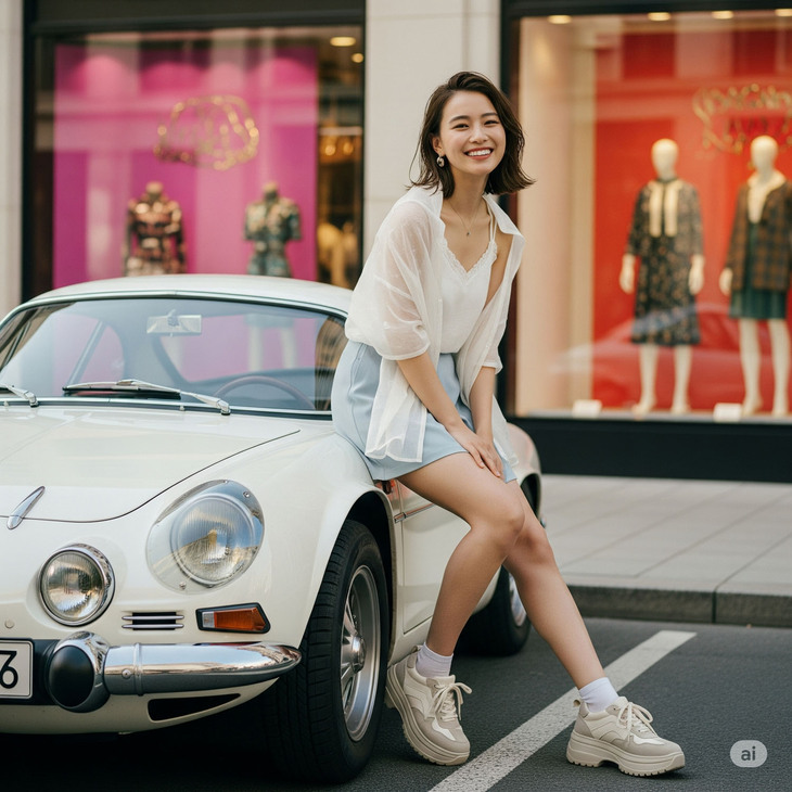 Gemini（Google）のチャット画面で生成した「クルマと女性」の画像の例。（※以下、当記事の画像はすべて生成AIにより作成されたものです）