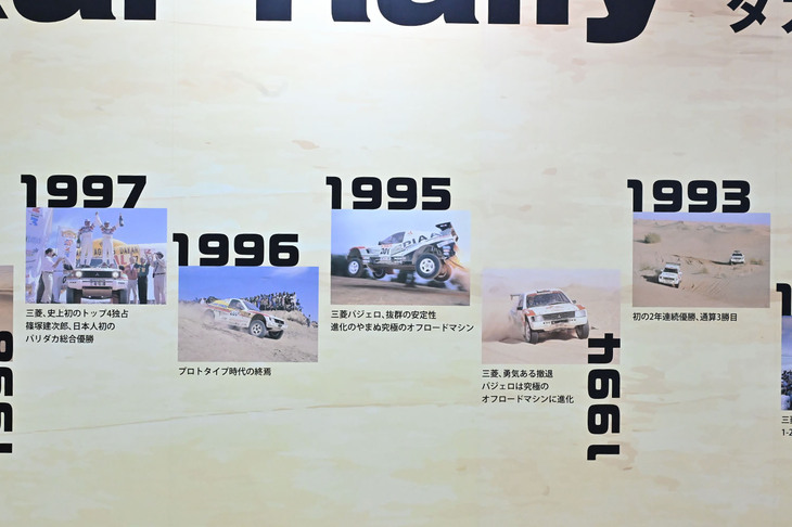 三菱のダカールラリーの戦歴をまとめたパネル展示（右から左へ時代が推移）。
