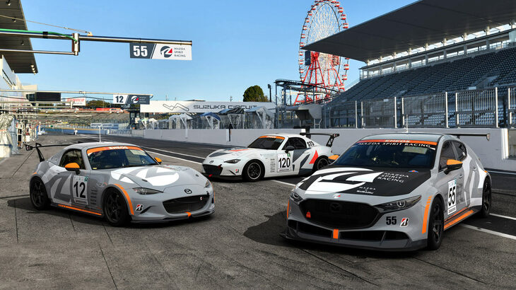 マツダが2025年のスーパー耐久シリーズに投入する、3台の競技車両。奥の白い「ロードスター」が「倶楽部MAZDA SPIRIT RACINGチャレンジプログラム2025」の車両だ。