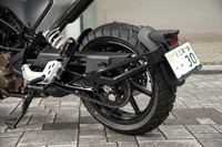 フローティング式のフェンダーが目を引くリアまわり。チェーンやスプロケットまでブラックで統一されている。