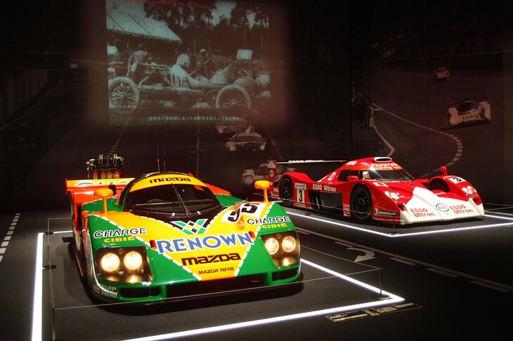 1991年のルマン24時間レースを制した「マツダ787B」（写真左）と1999年の同レースで2位となった「トヨタGT-One」（同右）。