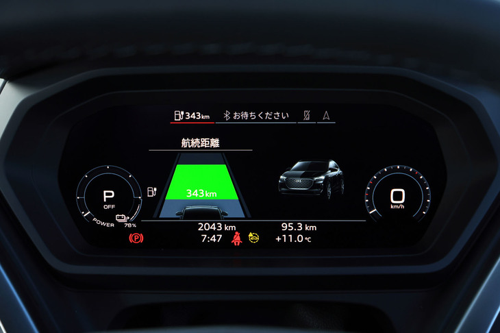 一充電走行距離はWLTCモードで594kmと公称されているが、メーターの表示ではバッテリー残量が78％の状態で走行可能距離は343kmとなっていた。現実的な一充電走行距離は、450km程度だろうか。