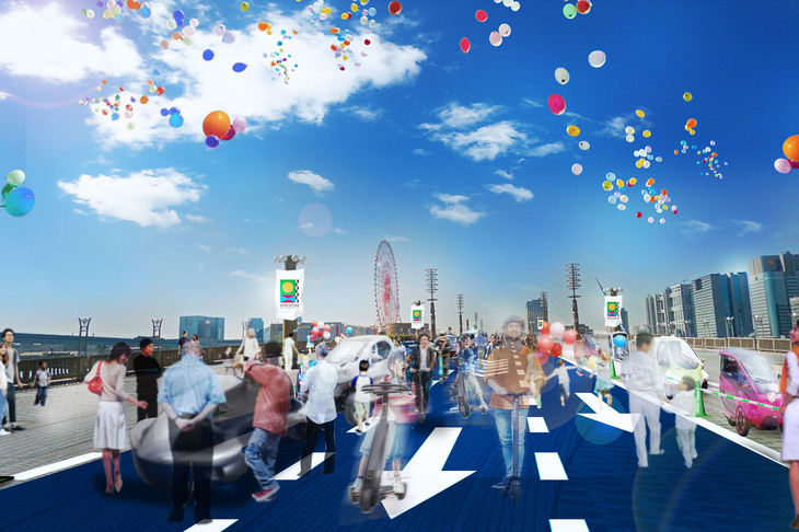 会場間をつなぐ「オープンロード」には、総勢70台近くの車両が展示される。そのすべてではないものの、電動キックスケーターや小型モビリティーなどには試乗もできる。