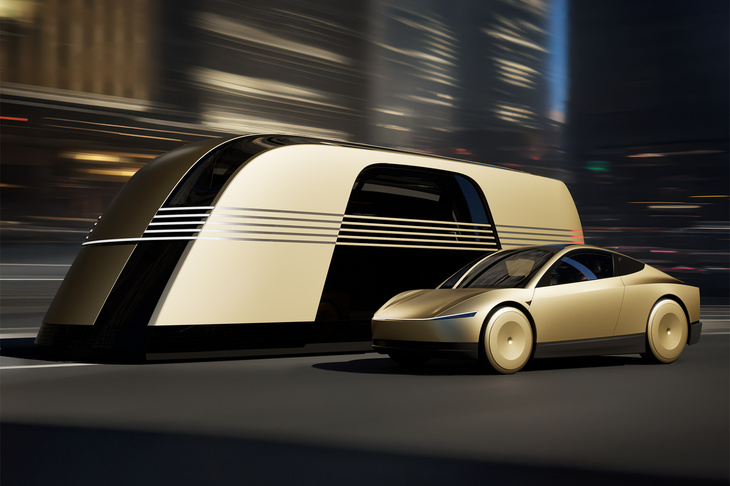 テスラが発表した「ロボタクシー（サイバーキャブ）」（写真右）と「ロボバン（サイバーバン）」（同左）。