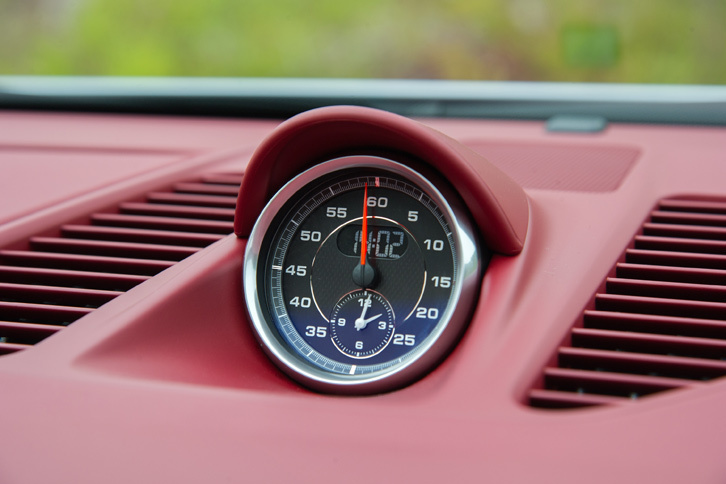 ダッシュボードの上面に備わる時計付きのストップウオッチ。「タルガ4 GTS」には、写真のストップウオッチや走行モード切り替え機構などからなる「スポーツクロノパッケージ」が標準装備される。