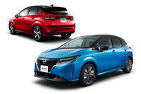 
	車両の基本構造は「ノート」（右手前）も「ノート オーラ」（左奥）も基本的に共通。オーバーフェンダーの有無で全幅が変わる程度で、シャシーや足まわりの設定も同じだ。
	