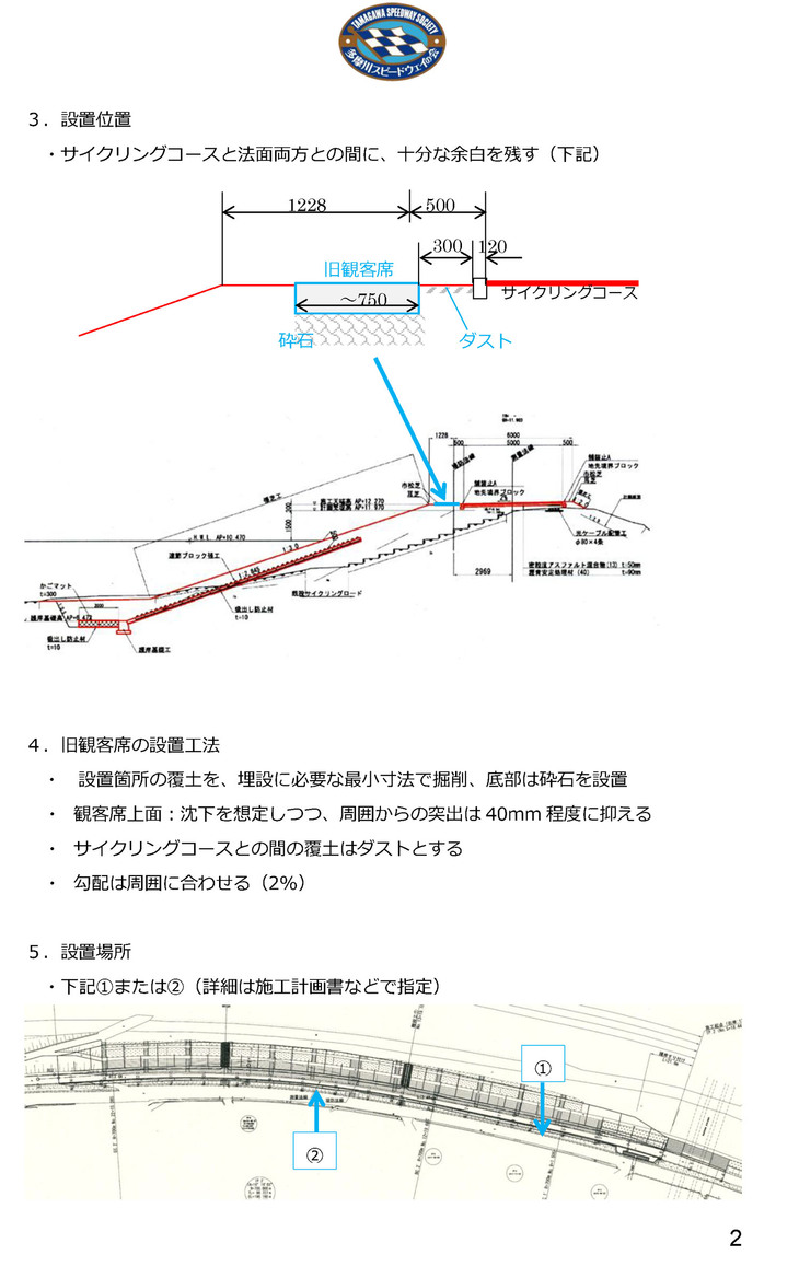 多摩川スピードウェイの会が作成した観客席の移設および記念プレートの設置案。